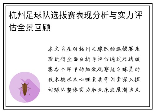 杭州足球队选拔赛表现分析与实力评估全景回顾